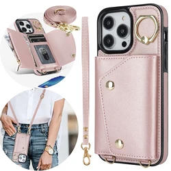 Zipper Crossbody Cards Solt Wallet Leather Case For iPhone 14 15 Pro Max 13 12 11 XR XS 7 8 Plus Ring Holder Strap Purse Cover
