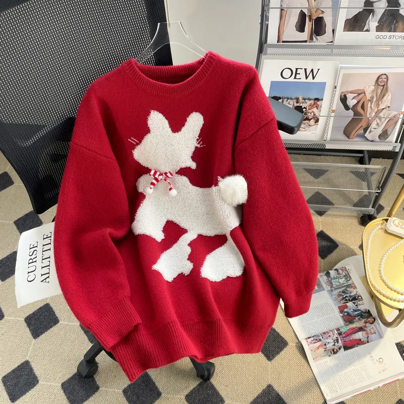 

Hsa Korean Cartoon Puppy red sweater for women autumn and winter 2023 new Christmas Korean style Dogs knitted top Kawaii Tops