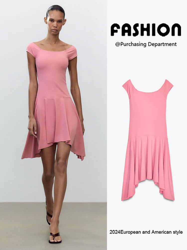 

Ele Asymmetric ort Sve Pink Dr ZA2025 Summer New Women's Faion Midi Dr U-Neline mid Waist for Banquet