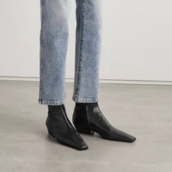 Square Toe Low Heels Black Leather Ankle Boots Sewing Side Zip Classic Autumn Sexy Women Office Ladies Daily Comfort Short Boot