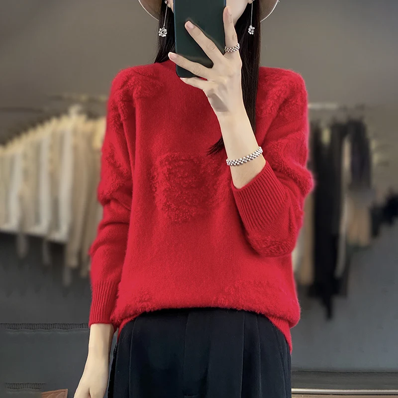 Rose Autumn/Winter new 100% Merino wool cashmere pullover Women's O-neck pullover warm bottom knit shirt top