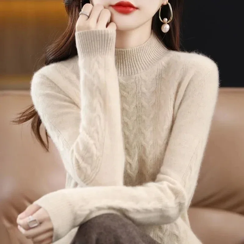 

Zjaiss 2025 Autumn Winter New Style Loose Base Layer Sweater Solid Color Knitted Turtleneck Twist Flower Women's Pullovers