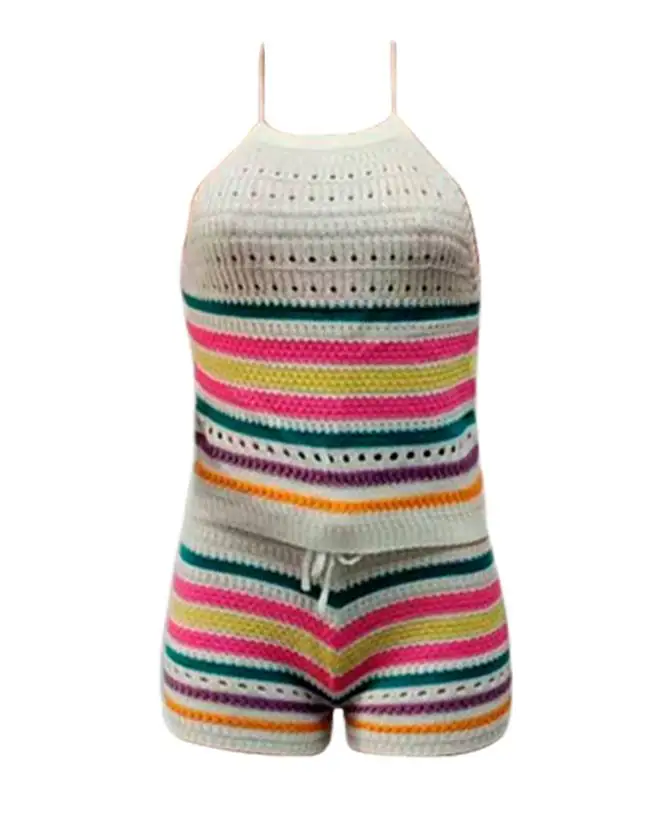 Women's Rainbow Stripe Hollow Off Shoulder Sleeveless Top and Drawstring Pocket Shorts Sexy Youth Sports Beach Set