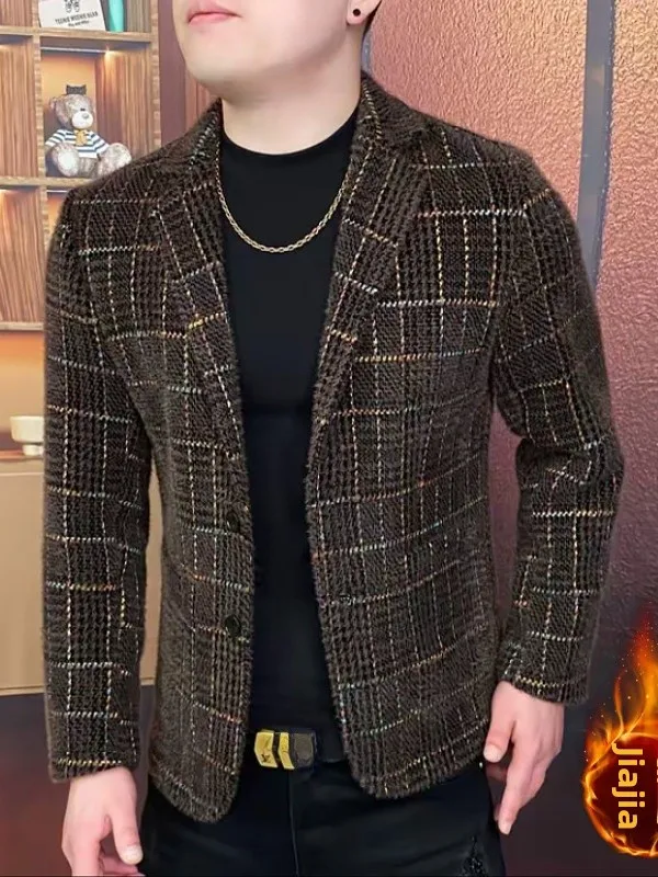 

Thiened Flannel Men's Suit Jaet Winter Busin Casual Plaid Warm Luxury Long Sve Stand Fit Polyester Nylon Coat