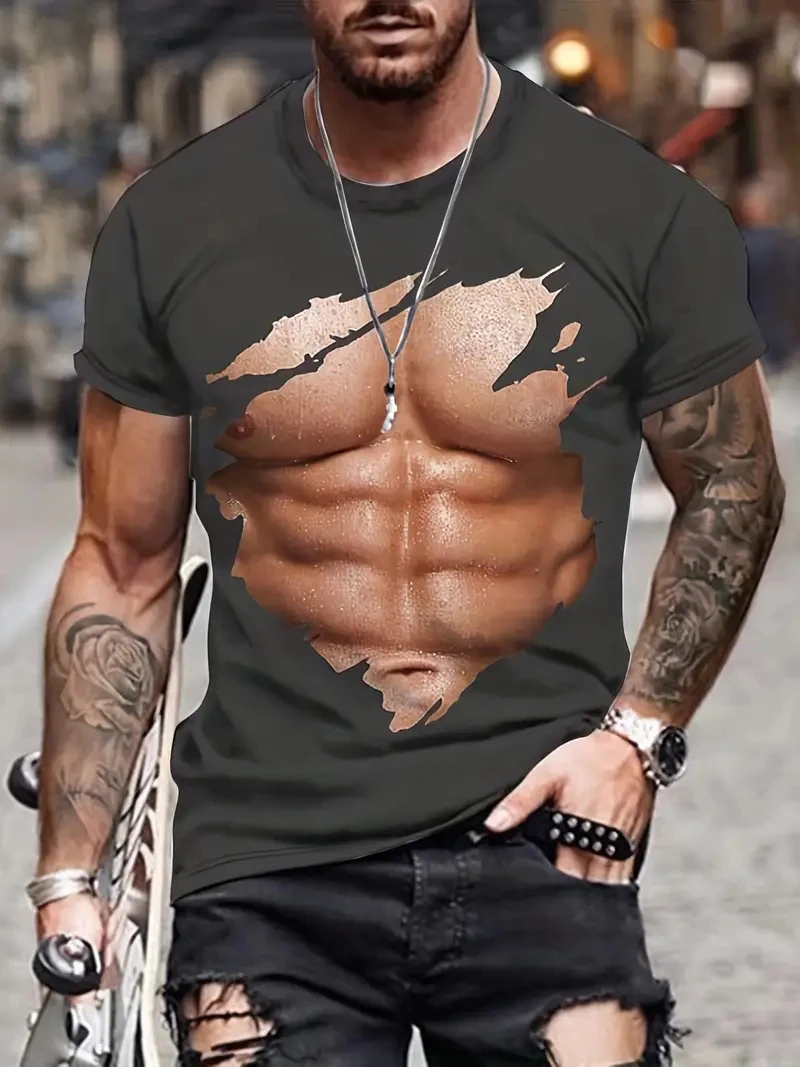 Summer New Funny Muscle Pattern 3D Print T Shirt For Men Fashion Trend Streetwear Casual O-neck Short Sleeve Loose O-neck Tops