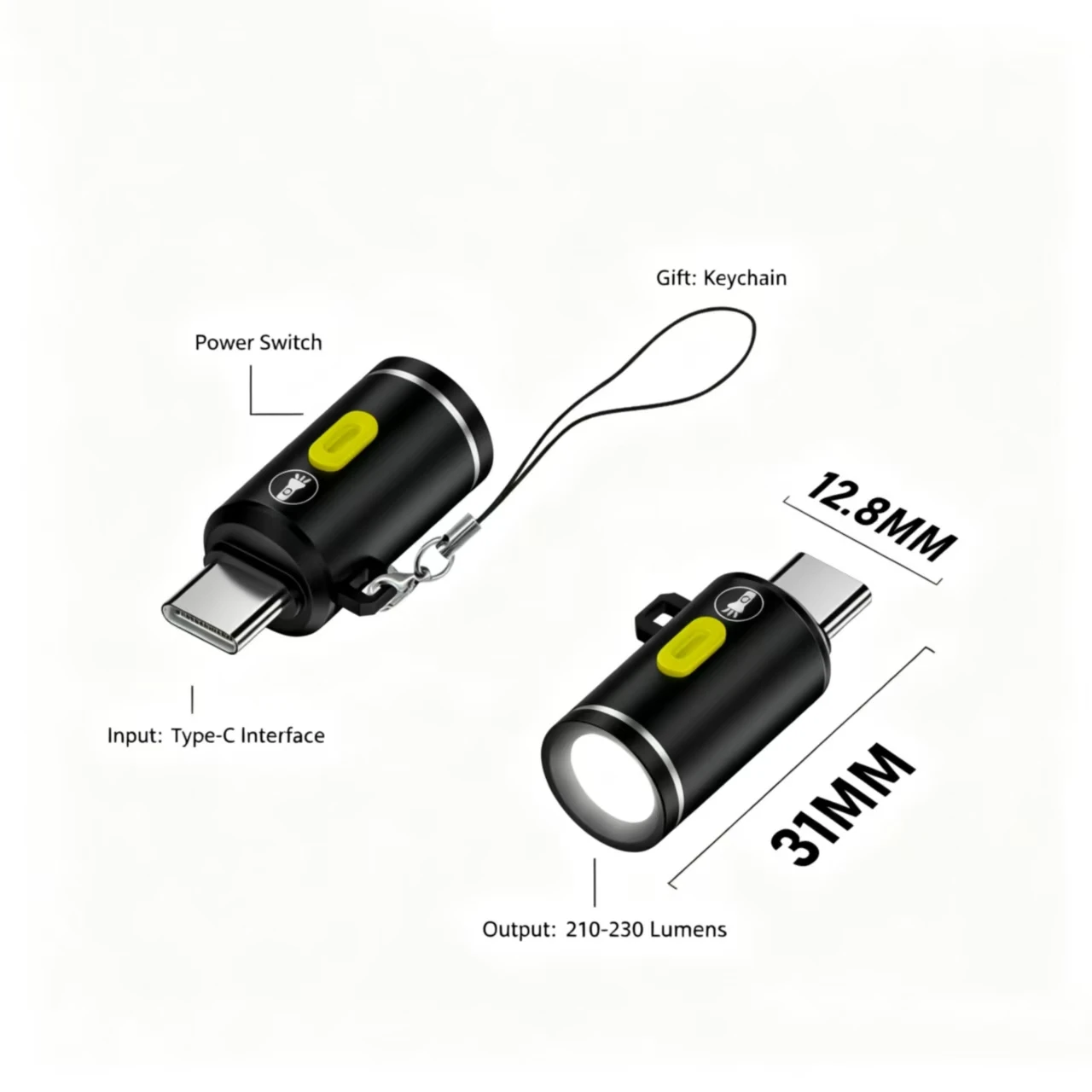Type‑C Mini Flashlight, 210‑230 Lumens Plug‑and‑Play Portable Keychain Pocket Torch Emergency Small Light for Type‑C Smartphones