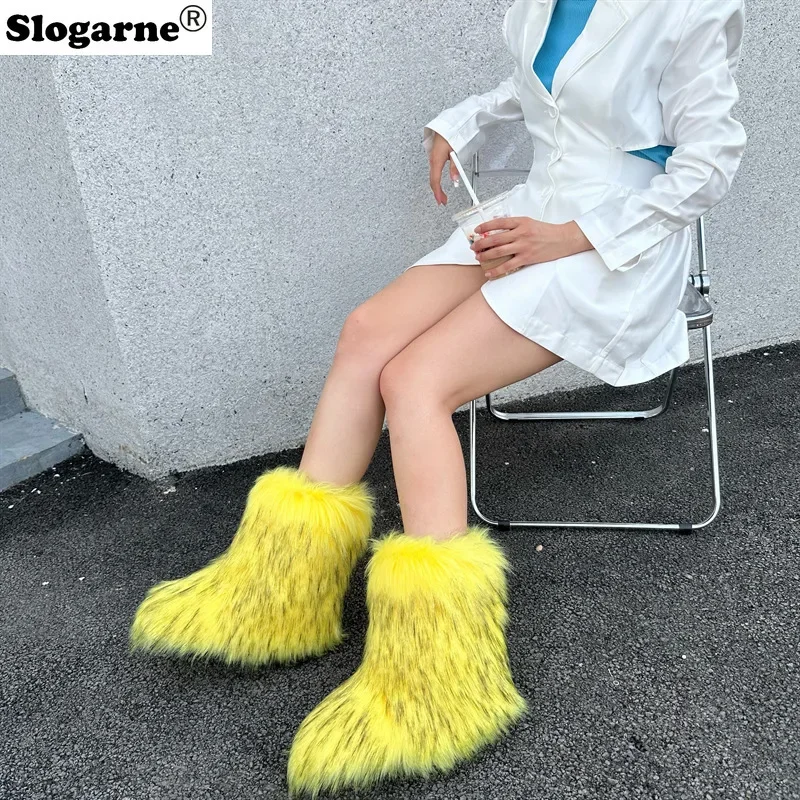 Winter Shoes Women Winter Fluffy Faux Raccoon Fur Boots Girls New Push Warm Snow Boots Luxury Footwear Fahsion Furry Fur Bottes