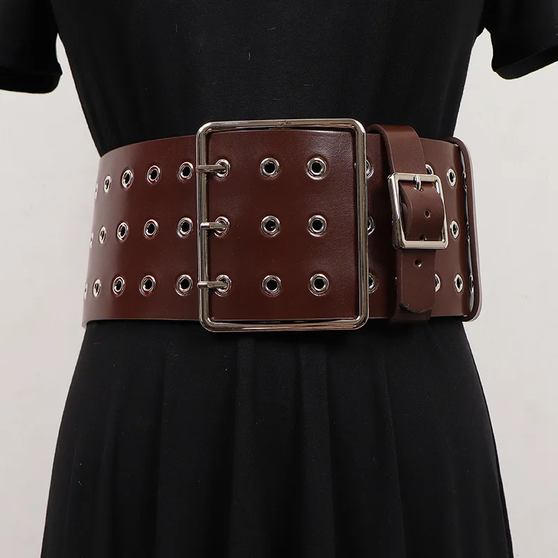 Ultra Wide Three Needle Buckle Hole Women's Genuine Leather Dress Waist Belts,Vintage Personalized Black Decorative Waistband