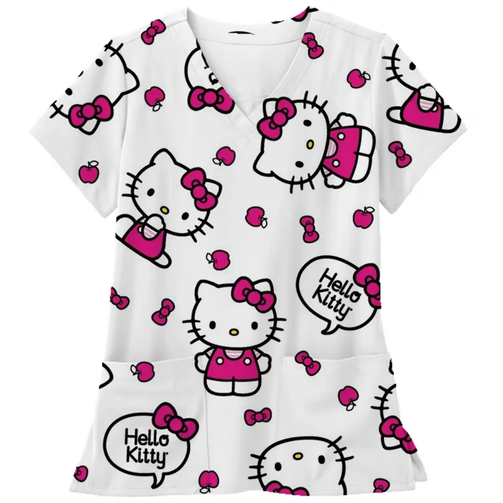 

Женская униформа медсестры с принтом Hello Kitty, рабочая форма с короткими рукавами и v-образным вырезом, повседневные топы-скрабы для женщин, медицинские кормления