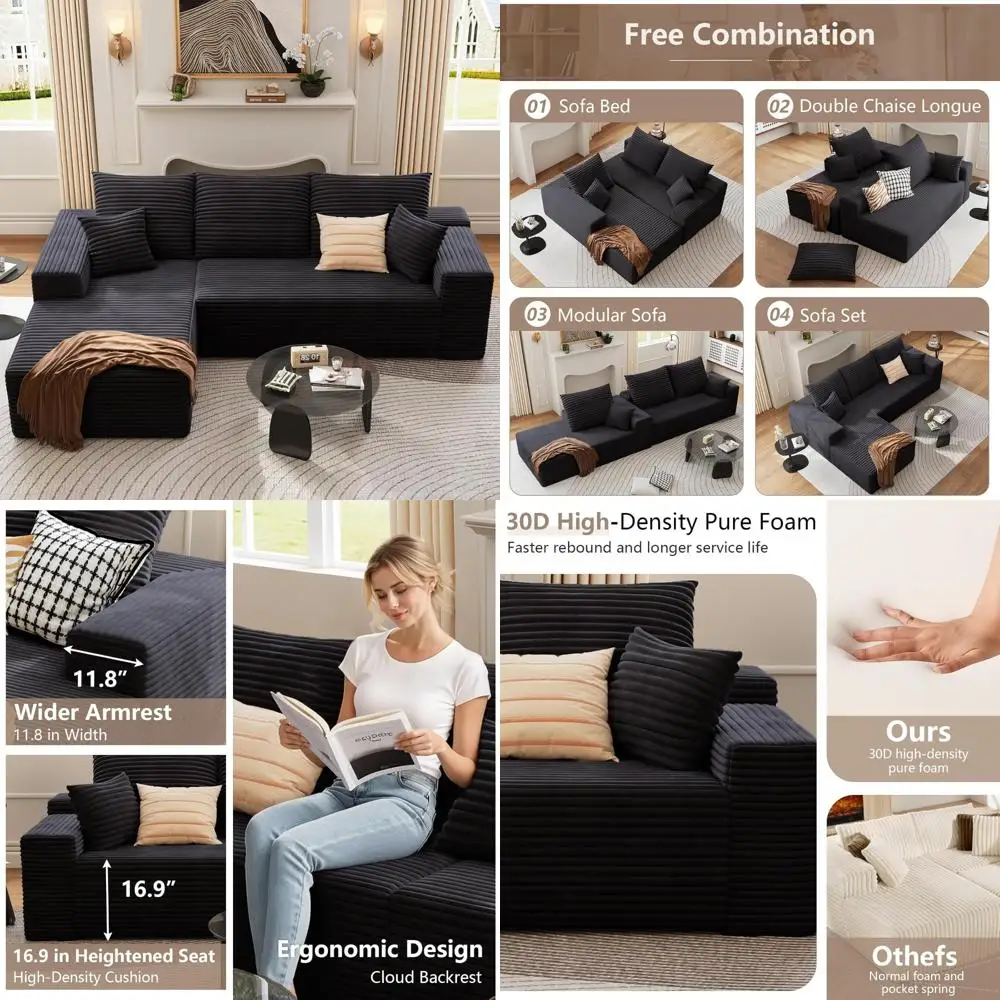 Современный 3-местный вельветовый L-образный секционный диван-кровать с шезлонгом для гостиной