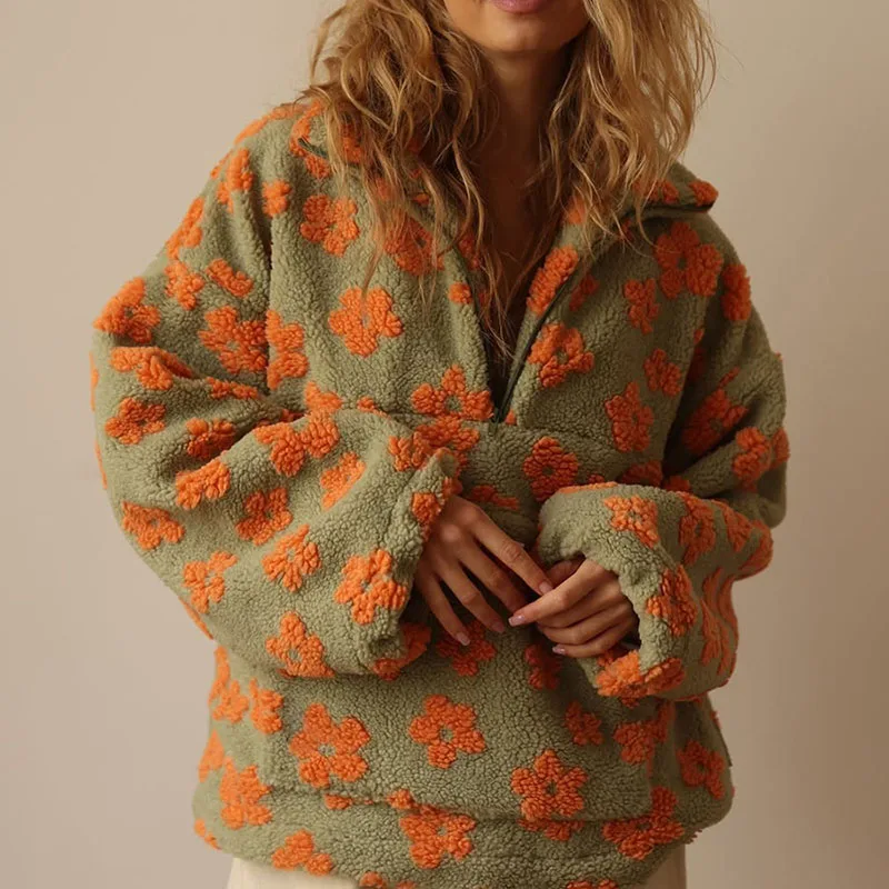 2025 outono inverno manga longa camisola topos lazer floral impresso solto commute pullovers elegante senhora gola com zíper topos