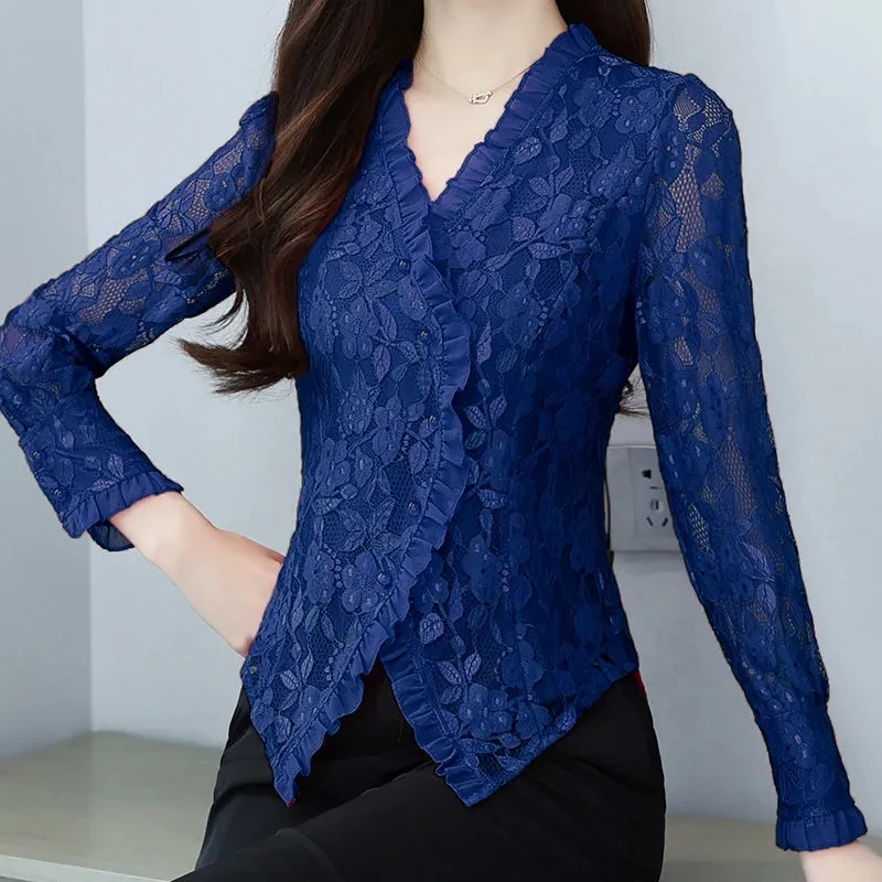 

Lace Shirt 2022 Spring Autumn New Design Shirt Tops Women's V-Neck Long-Sleeved Foreign Temperament Red Shirt Is Thin Blousers