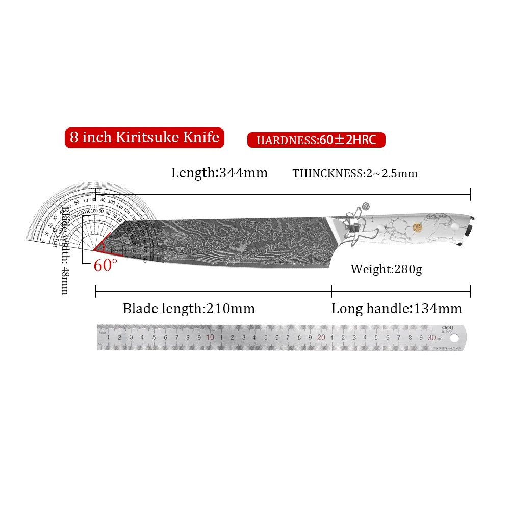 YAN Professional Damascus Steel Chef Kitchen Knife 8 Inch Japanese Kiritsuke Knife AUS-10 Core White Turquoise Resin Handle