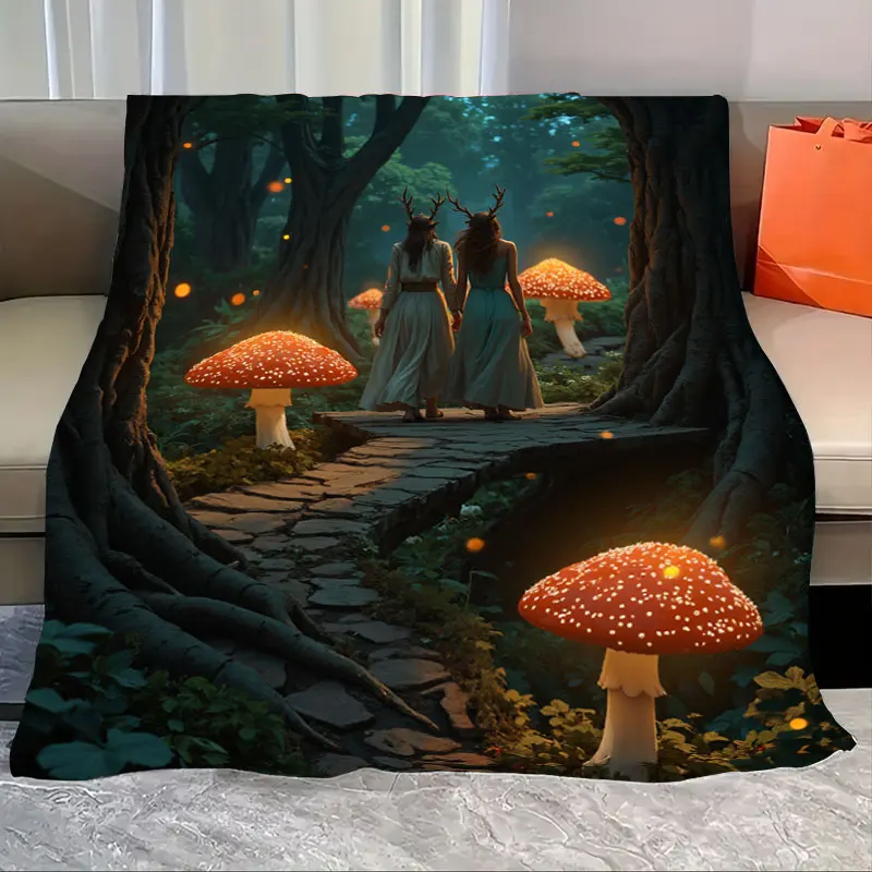 1pc Flannel Blanket Enchanted Forest Blanket with Glowing Mushrooms and Deer Girls, Magical Scene Throw