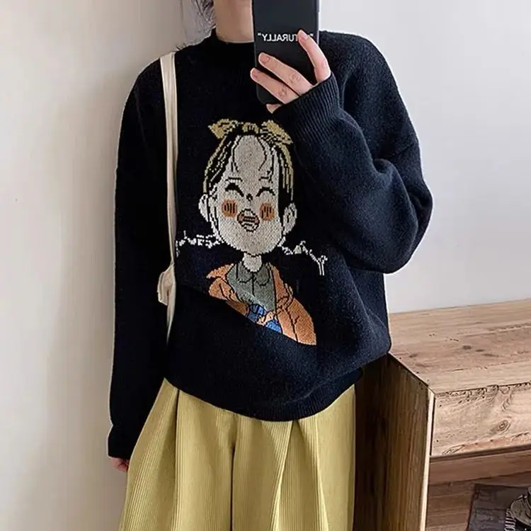 

Hsa Korean Cartoon Girls Printed Y2K Sweater Jumpers Lapel Sweater for Women Autumn Loose Casual Long Sleeved Top Pattern Cloth