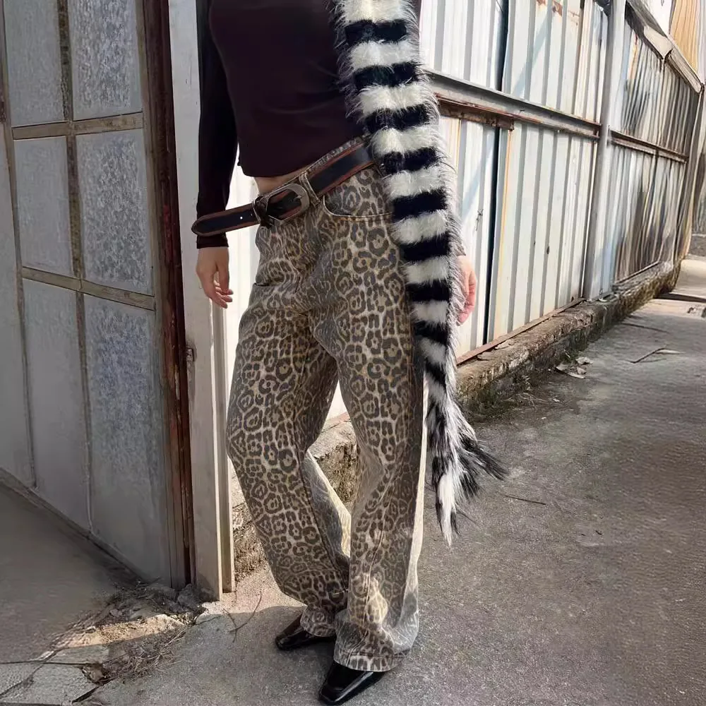 

Women's American Vintage Leopard Print Washed Thin Jeans Street Casual Neutral Style DenimTrousers High Waist Straight Pants
