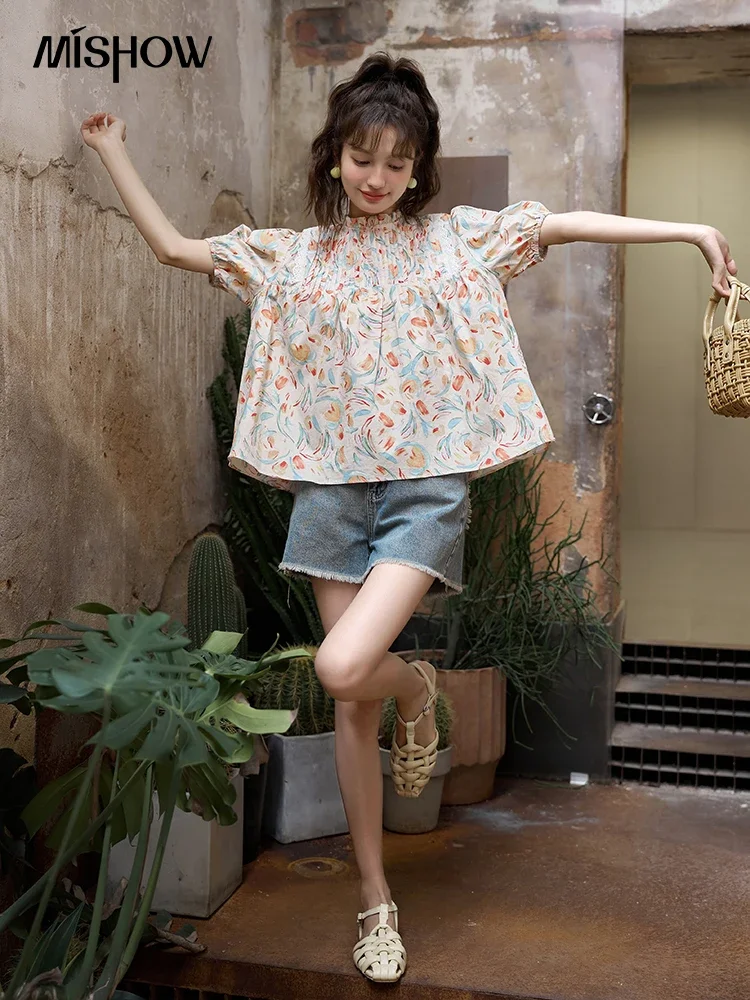 MISHOW Tulip Floral Blouse for Women Summer 100 Cotton Puff Sleeve Lace Edge Sweet Female Short Sleeve Loose Top MXC37X0034