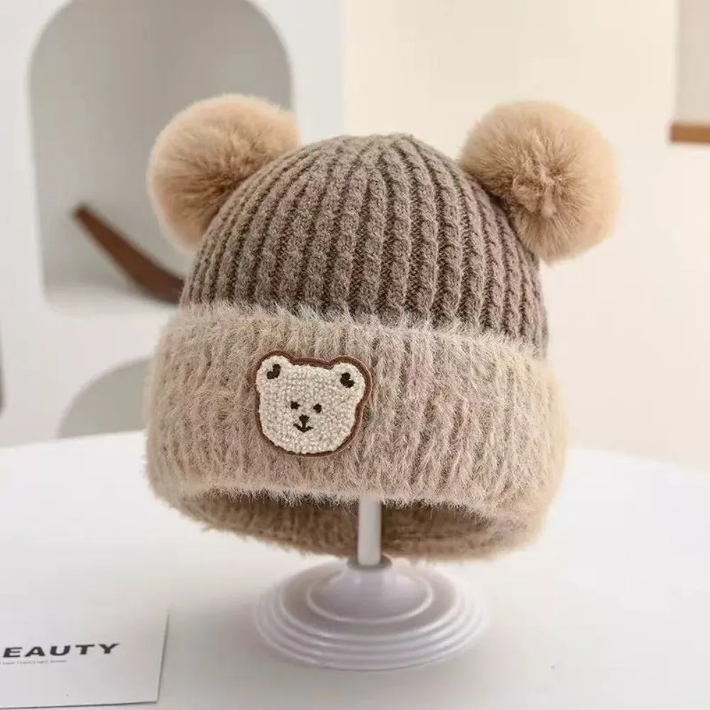 

New Warm Knitted Hat Windproof Coldproof Pullover Cap Pompom Cute Bear Beanie Hat for 1-3Y