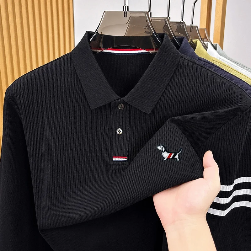 Bestseller 100% Baumwolle Herren Langarm-Poloshirt mit Kragen, Knöpfen und Hundestickerei, Neue Herbst-Winter-Oberteile, Freizeitkleidung für Männer – Detail 2