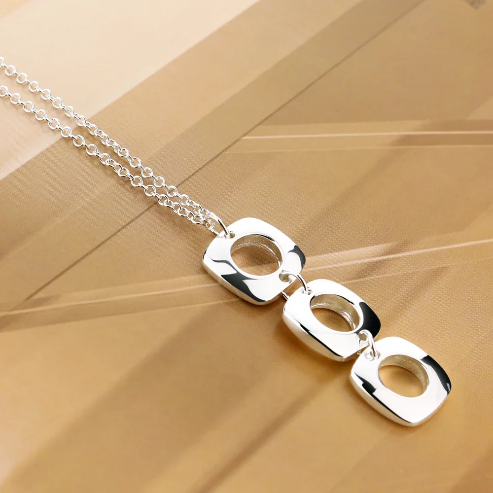Korean Fashion 925 Sterling Silver Charms Three Square Pendant Necklace For Women Man Gifts Trend Party Streetwear Jewelry