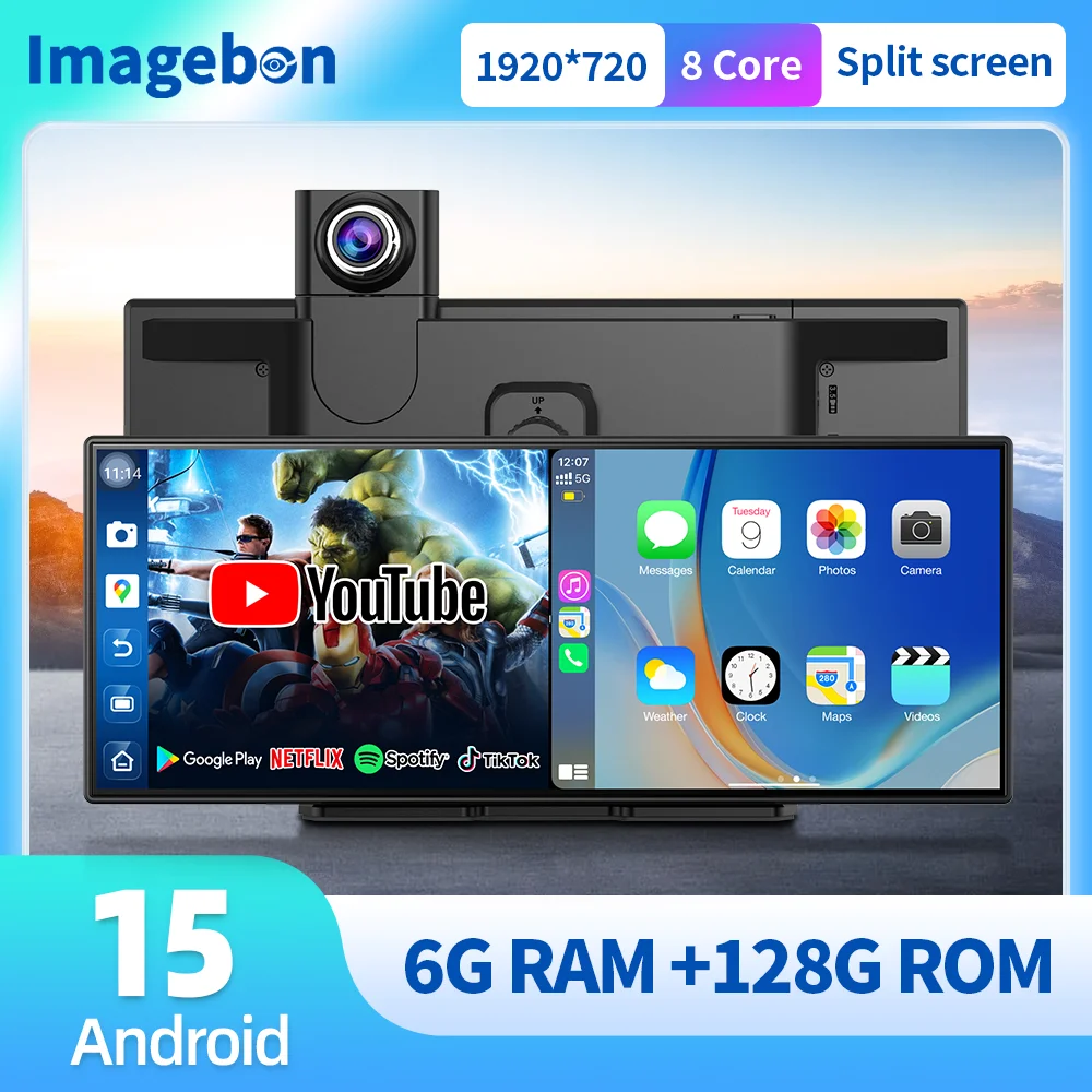 Imagebon P70 11.4" Android 15 Dashcam 8 Core 6+128G Wireless Carplay & Android Auto Split Screen Car DVR GPS Navigation