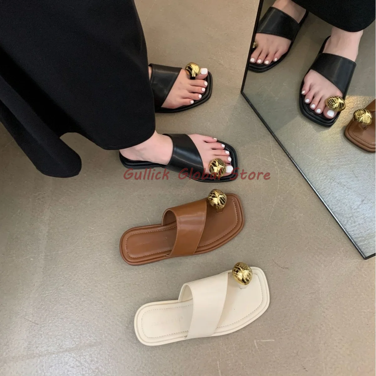 

2024 New Arrival Elegant Women Slides Square Toe Toggle Toe Metal Buckle Slippers Summer Dress Outside Beach Soft Vacation Cosy