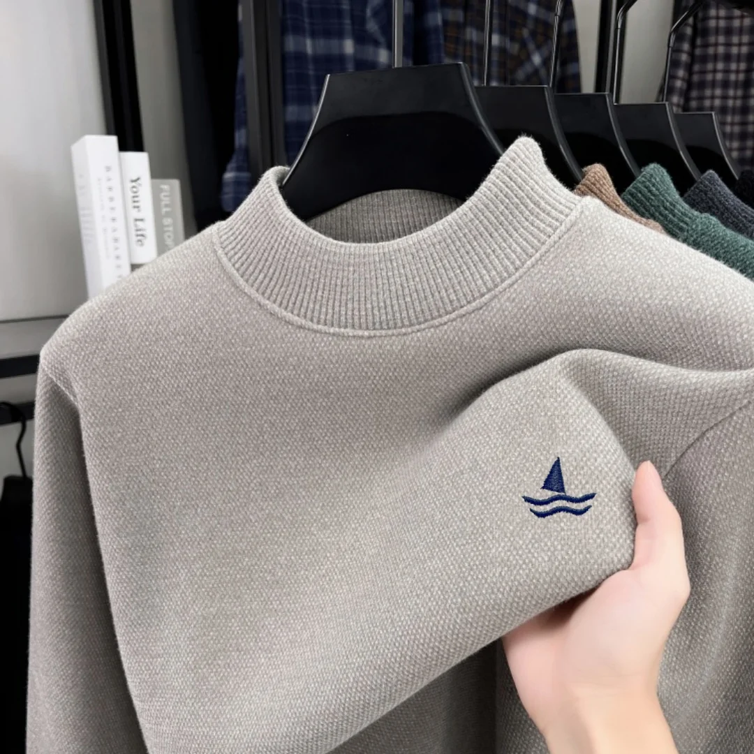 High end winter new item original exquisite sailboat embroidery knitted sweater men's fashionable velvet warm pullover sweater