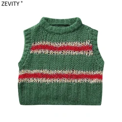 Zevity Women Fashion Sleeveless Striped Print Crochet Knitting Vest Sweater Female Chic Metallic Waistcoat Pullovers Tops SW5858