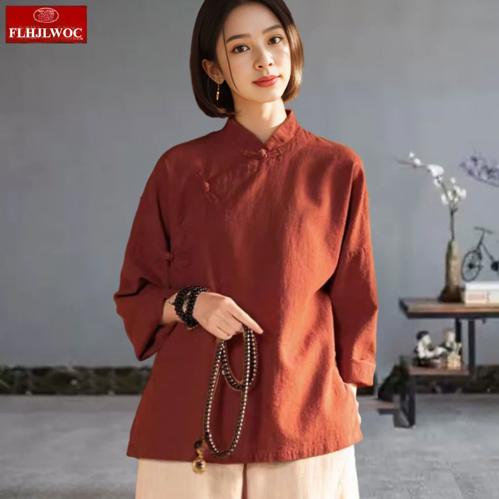 

Cotton Linen Tops Chinese Style Chi-pao Collar Design 2025 Autumn Women Date Girls Elegant Retro Red White Shirt Blouse Vintage