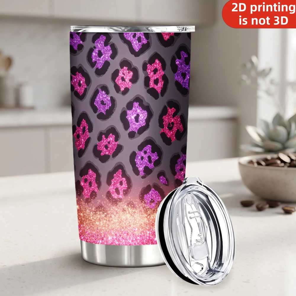 20oz Purple Magenta Glitter Leopard Print Stainless Steel Tumbler with Lid and Straw, Dark Mauve Sparkle Rose Gold Ombre Vacuum Insulated Travel Coffee Mug Gifts