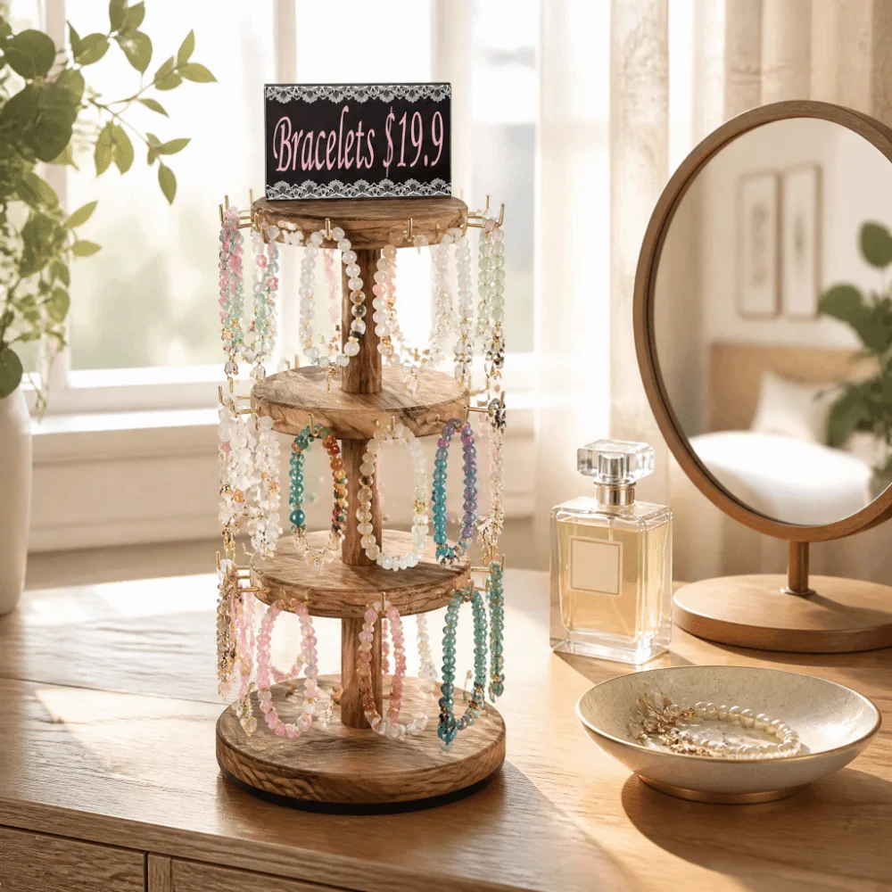 43*17.5cm Jewelry Display Stand 360° Rotatable Base Multi-layer Desktop Storage Rack Sturdy & Durable Rustic Vintage Finish