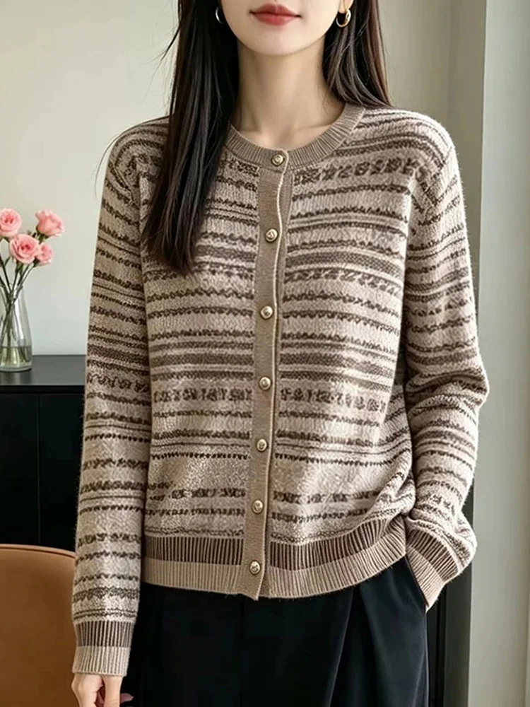 Feilao Island Knitted Floral Sweater Coat Women's Fashion Retro Loose Fit Soft Fabric Button Detail Long Sleeve round Neck Top