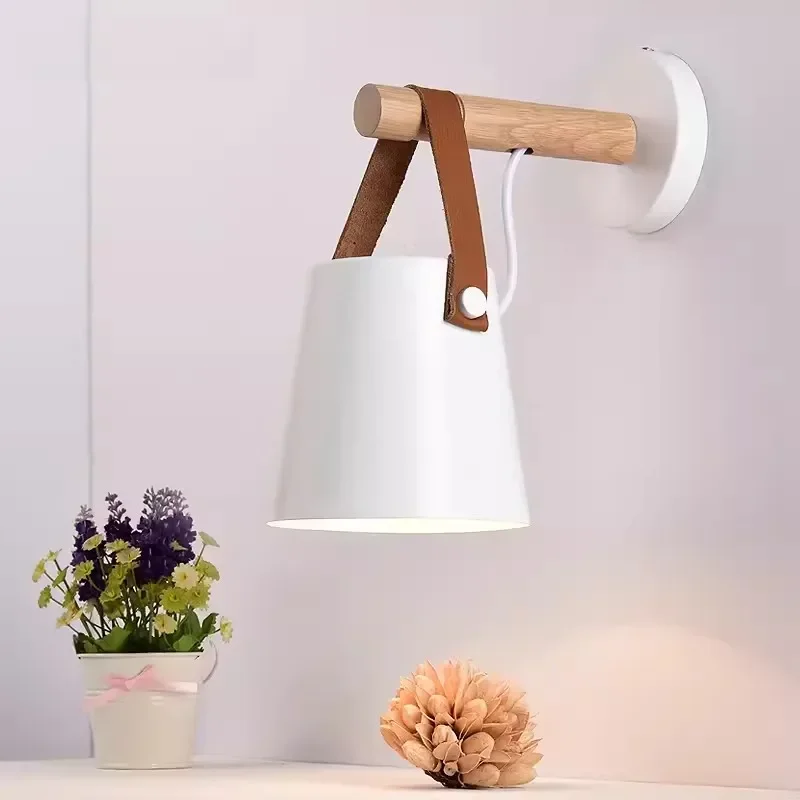 LED Bedside Wall Lamp Nordic Wood Leather Belt Hanging Sconces for Bedroom Study Living Room Modern Home Indoor Decorative Light