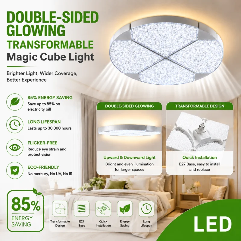 60W LED Ceiling Light,Double-Sided Glowing Flush Mount Lamp Adjustable Shape Magic Cube Cool White E27 Light Fixture for Bedroom