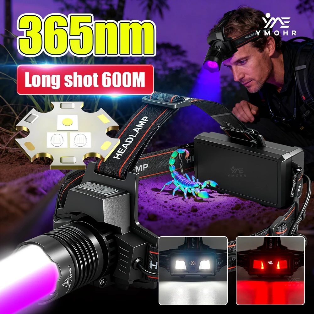 

Новый УФ-фонарь 365 нм на голову, перезаряжаемый через USB, светодиодный фонарик, водонепроницаемый налобный фонарь для кемпинга, рыбалки, обнаружения скорпионов