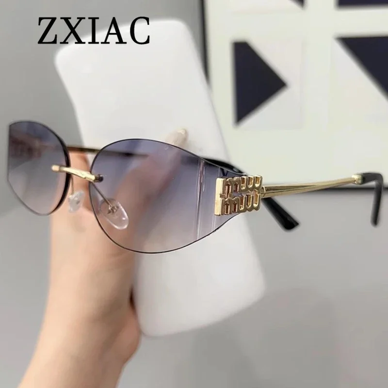 ZXAIC Fashion Frameless Oval Sunglasses Women Curved lenses rimless trim Sun Glasses Brand Designer Men Metal thin leg Shades UV