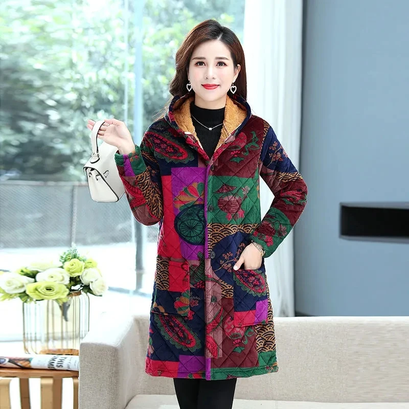 Women's Ethnic Style Padded Jacket, Cotton Coat, Large Size, Long, Thick Parkas, Casual, Loose, Winter, New Fashion, 2024