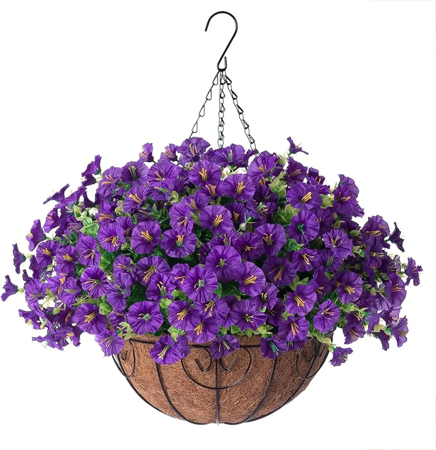 

Artificial Fake Hanging Plants Flowers Basket for Outdoors Spring Summer Decoration, Silk Purple Morning Glory Euc UV