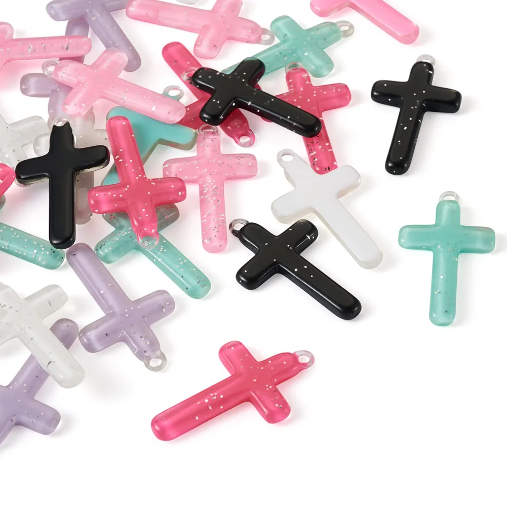 Kissitty 36Pcs Mixed Color Cross Religion Opaque Resin Pendants with Sequins For Necklace Bracelet Earring Jewelry Making Gift