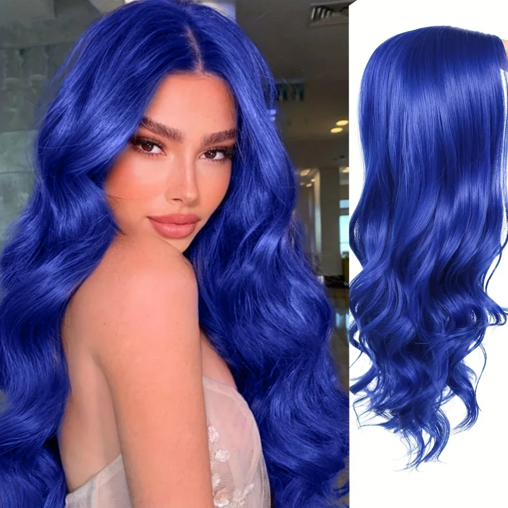 

Long Blue Wavy Wigs for Women, Curly Middle Part Blue Wig, Natural Looking, Synthetic, Heat Resistant Fiber, Hair for Daily Use