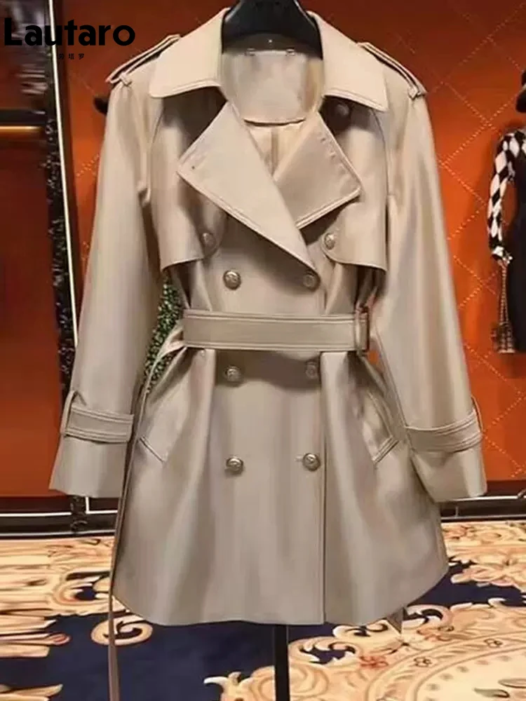 Lautaro Spring Autumn Khaki Satin Trench Coat for Women Belt Double Breasted Elegant High Quality Luxury Designer Clothing 2024