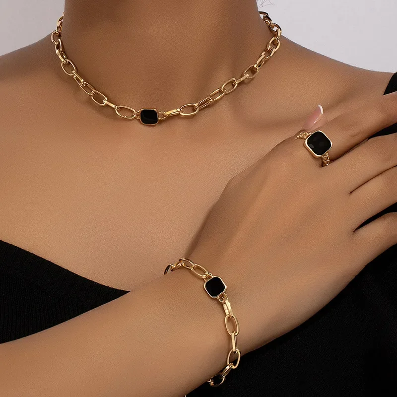 

French Black Square Necklace Cuban Chain Bracelet Ring Three-piece Jewelry Set Stylish Accessories Party Jewelry Birthday Gifts