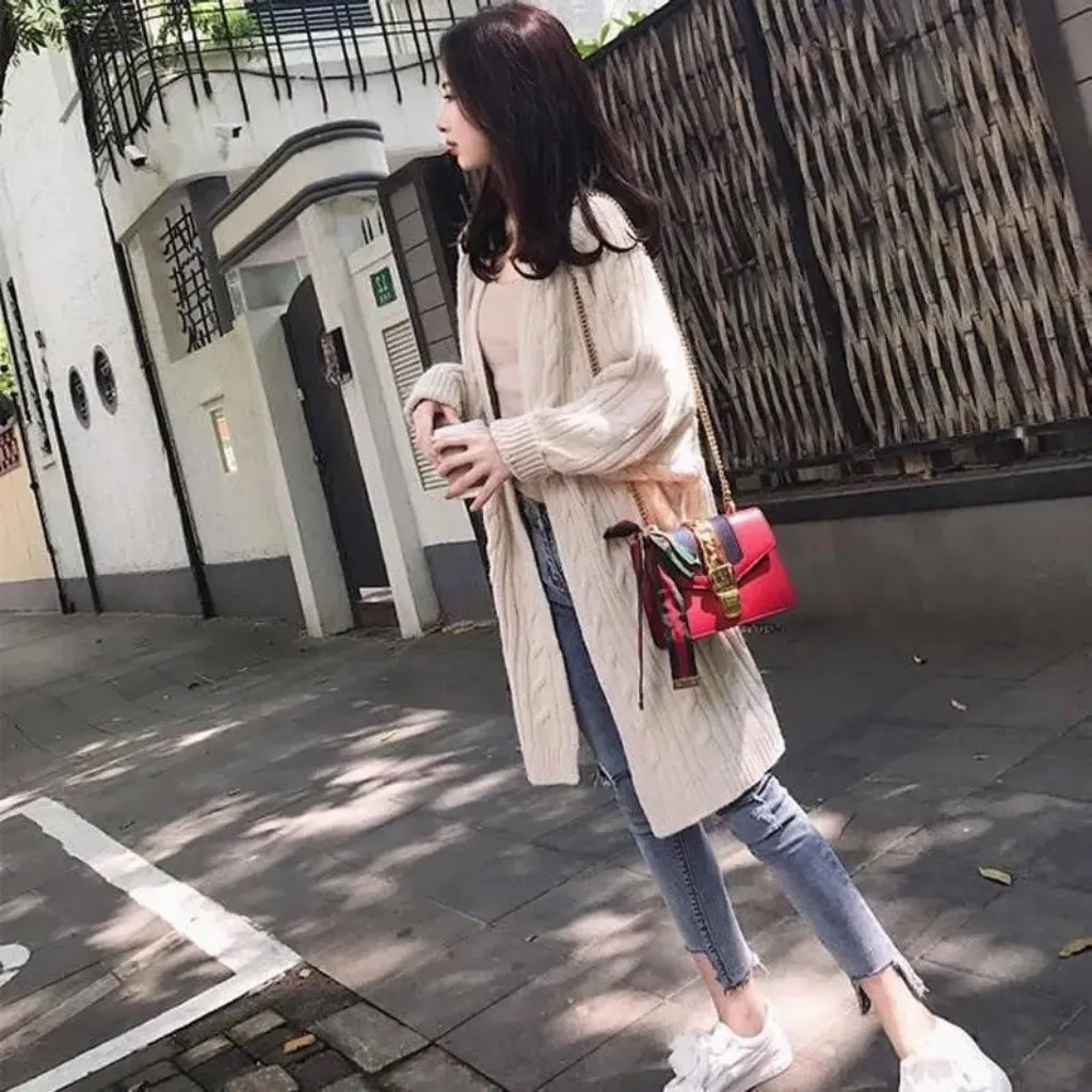 

Women's Korean-style Thickened Core-spun Yarn Sweater Coat New Autumn Winter Loose Twist Mid-length Knitted Cardigan