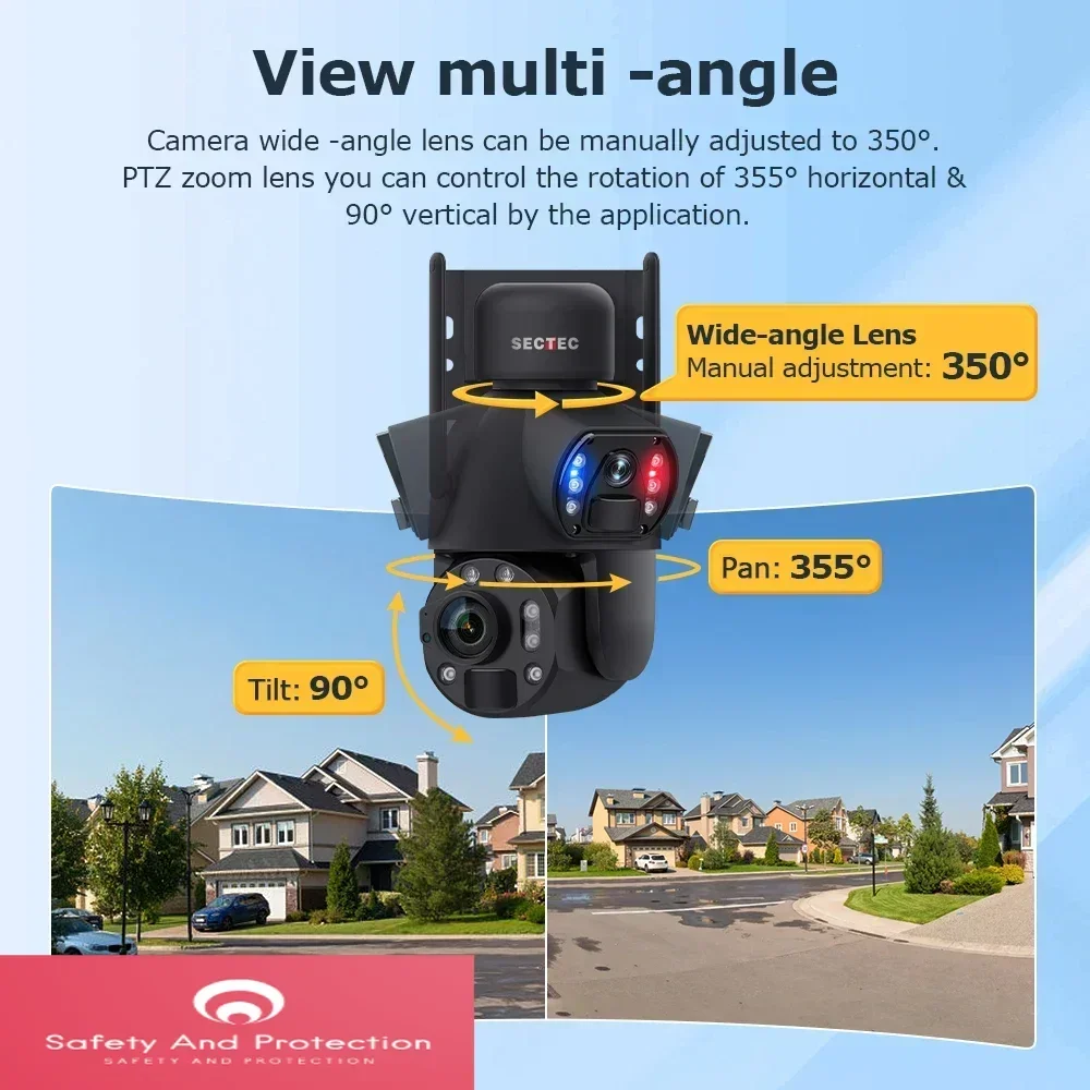SECTEC Camera 6MP 36x Zoom 20W Solar Battery Red Blue Alarm Floodlight PTZ Camera Outdoor Security CCTV Network Night Vision