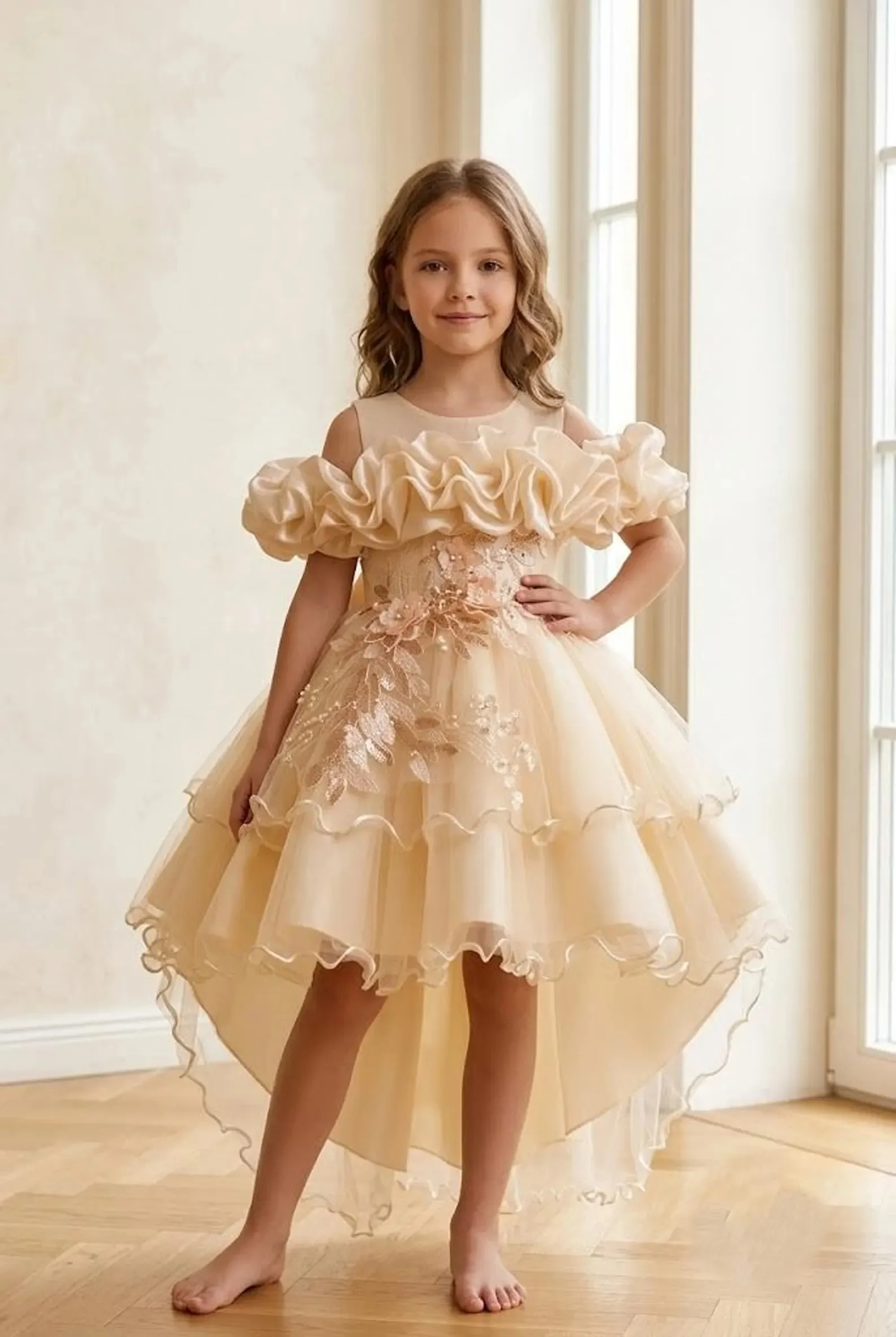 Custom Light Luxury High Low Ball Gown for Women Girls Wedding Guest Dress Floral Ruffle Birthday Party Pageant