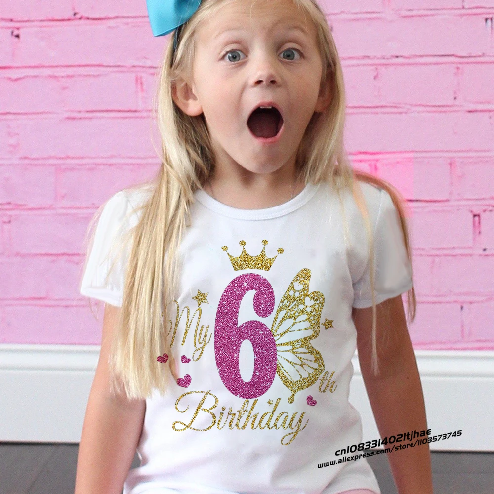 Girls Birthday Shirt 1-12 Birthday T-Shirt Wild Tee Girls Party T Shirt Butterfly Printed Clothes Kids Gifts Fashion Tops Tshirt