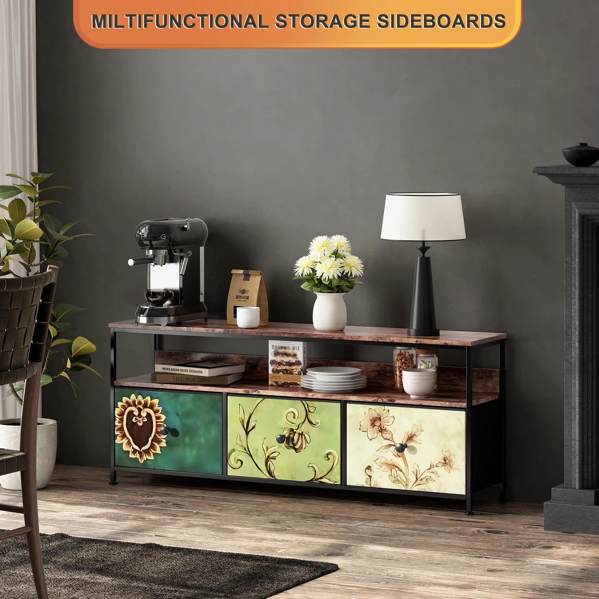 LED TV 스탠드, 캐비닛, 서랍 및 선반이 있는 TV 스탠드, RGB LED 조명, 거실 색상 조절 가능, 137x30x57cm