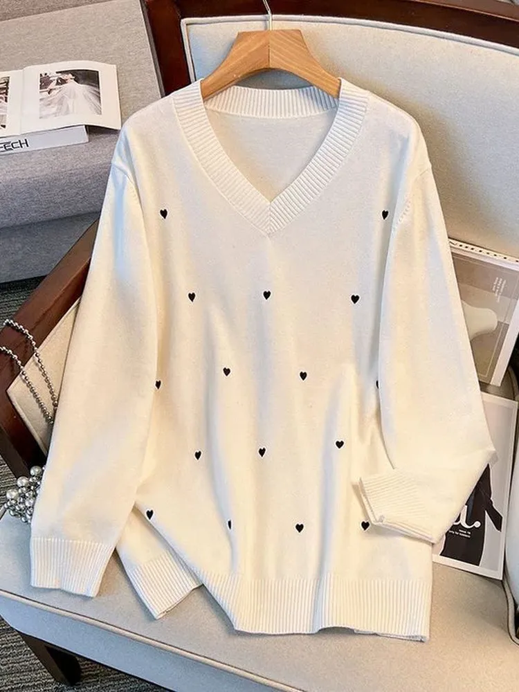 

Lazy Sle Embroidered Knitwear Women's Autumn Winter Loose Long Sve V-Ne Casual Faion Anti-Aging Large Size Sweater