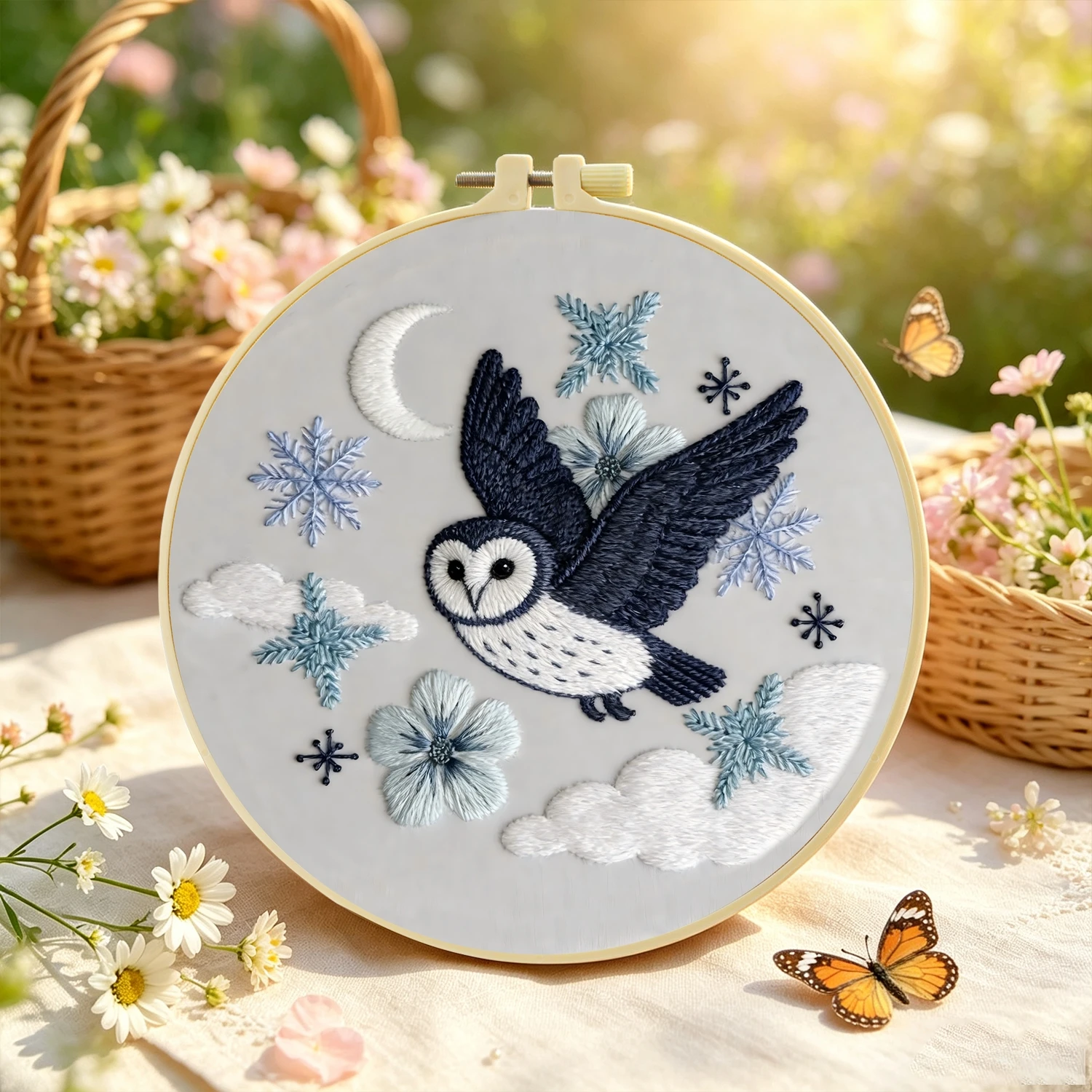 1 Set Mondlicht-Eule DIY-Stickerei-Set für Anfänger, Stick-Starter-Kit, Kreuzstich-Kunstgeschenk, Nadelarbeiten – Detail 5