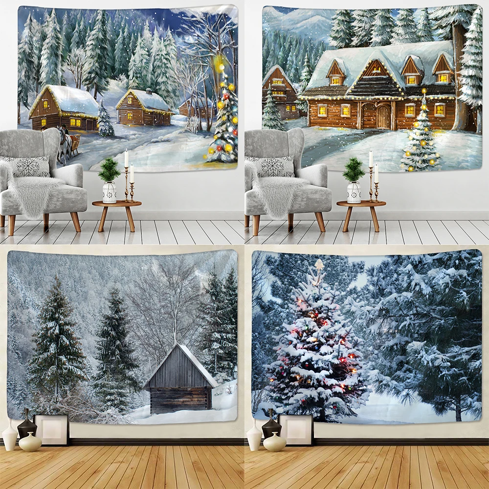 Home Decor Christmas Snow Forest Cottage Print Tapestry Boho  Hippie Wall  Backdrop Fabric Рождественский гобелен